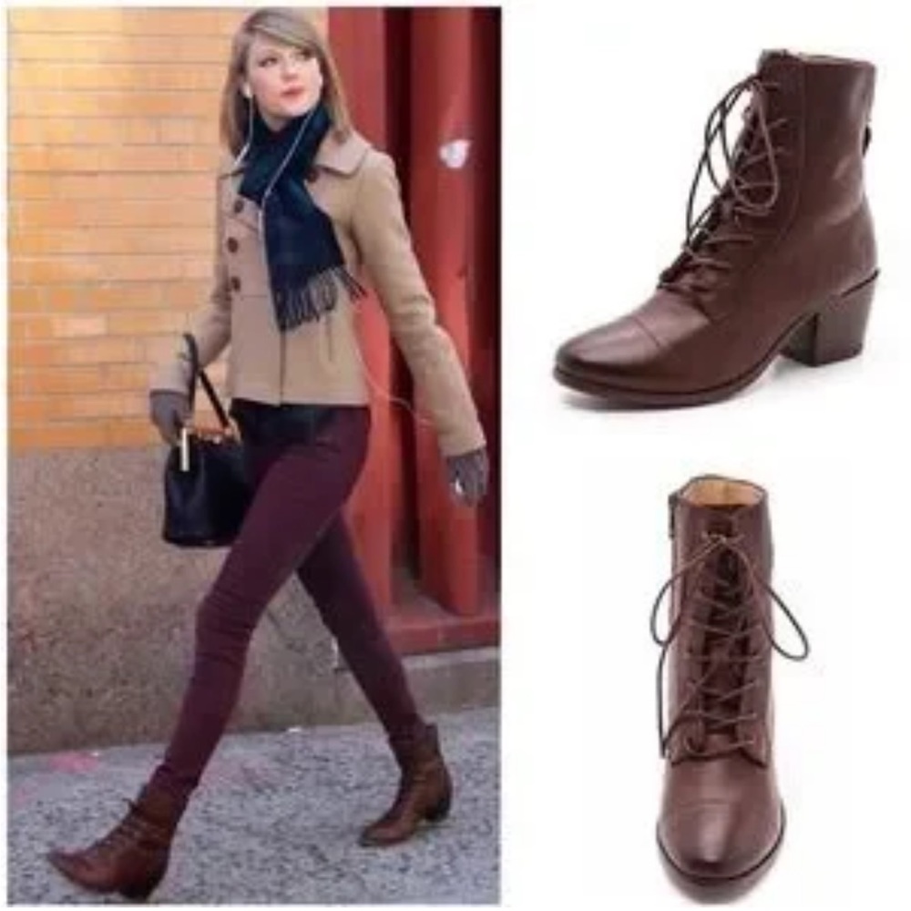 Frye Courtney Ankle Boot Bootie Brown Leather Lace Up Taylor Swift Eras Style